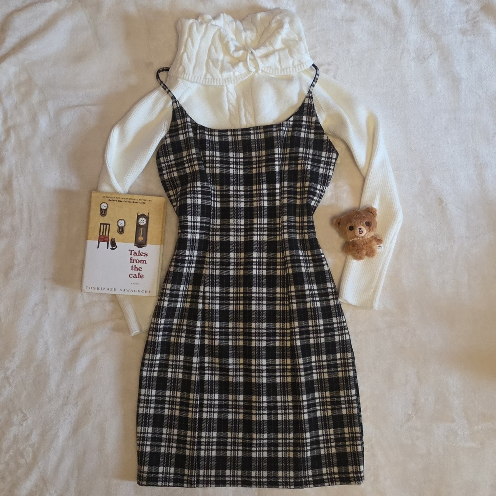 French Kiss Black And Light Cream/Off-White Plaid Mini Dress Size S